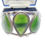 Sterling Silver & Large Nephrite Jade Panel Bangle Bracelet Antique c1920