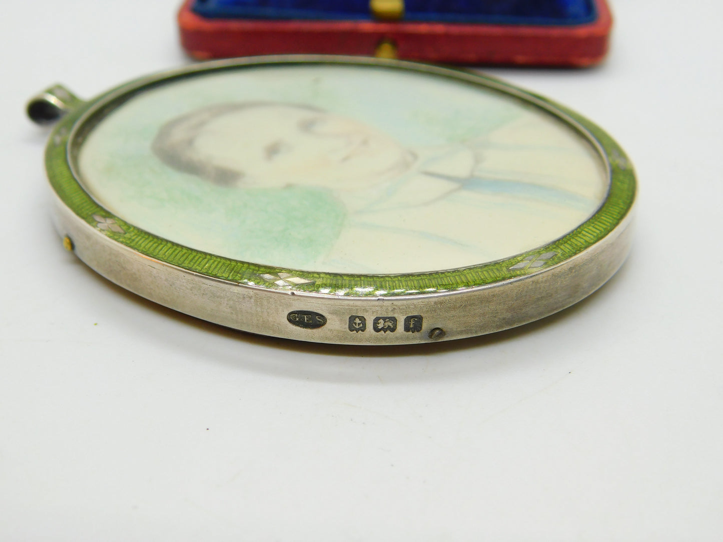 Edwardian Sterling Silver Green Guilloche Enamel Framed Miniature Portrait 1905