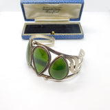 Sterling Silver & Large Nephrite Jade Panel Bangle Bracelet Antique c1920