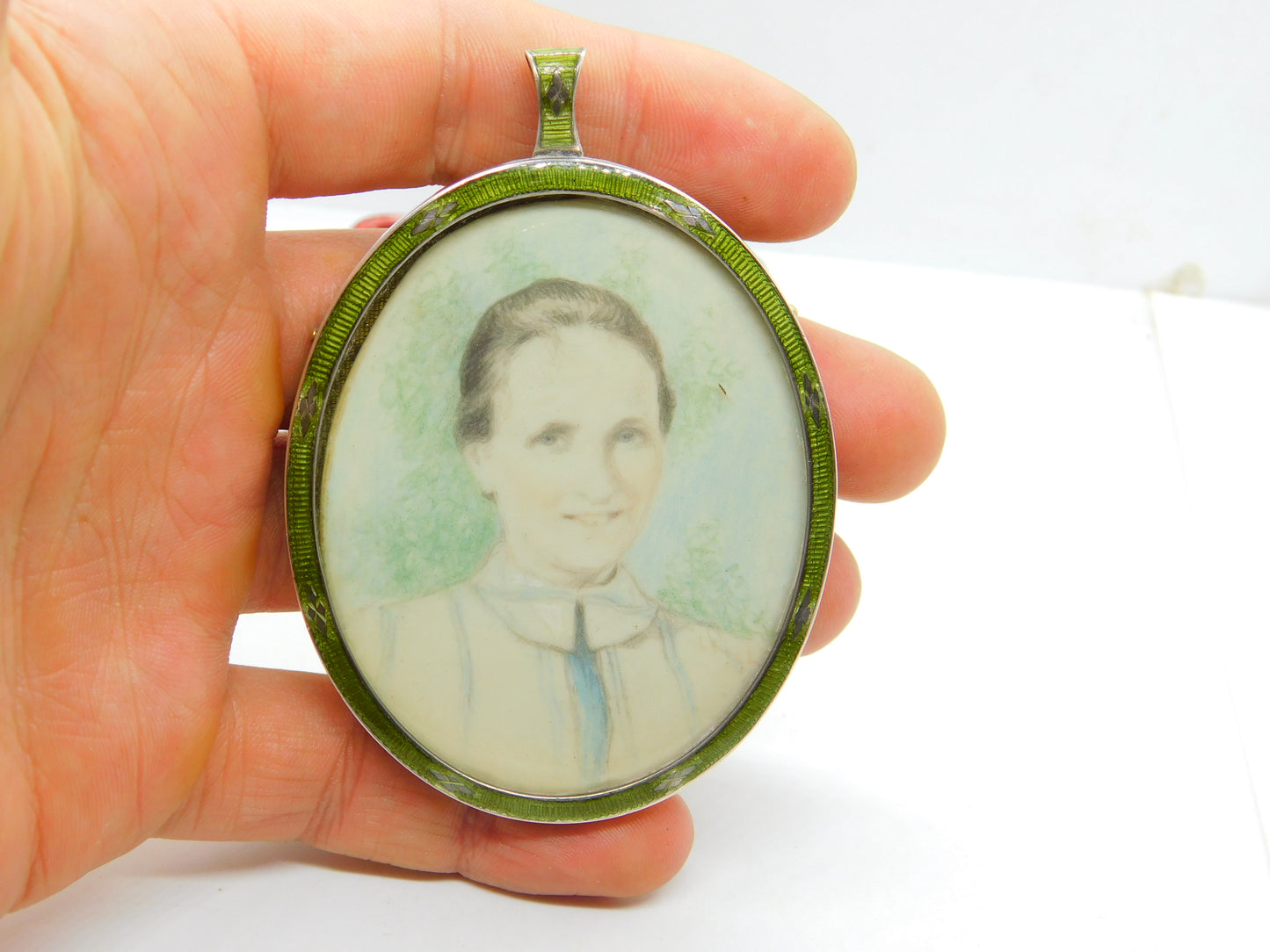 Edwardian Sterling Silver Green Guilloche Enamel Framed Miniature Portrait 1905