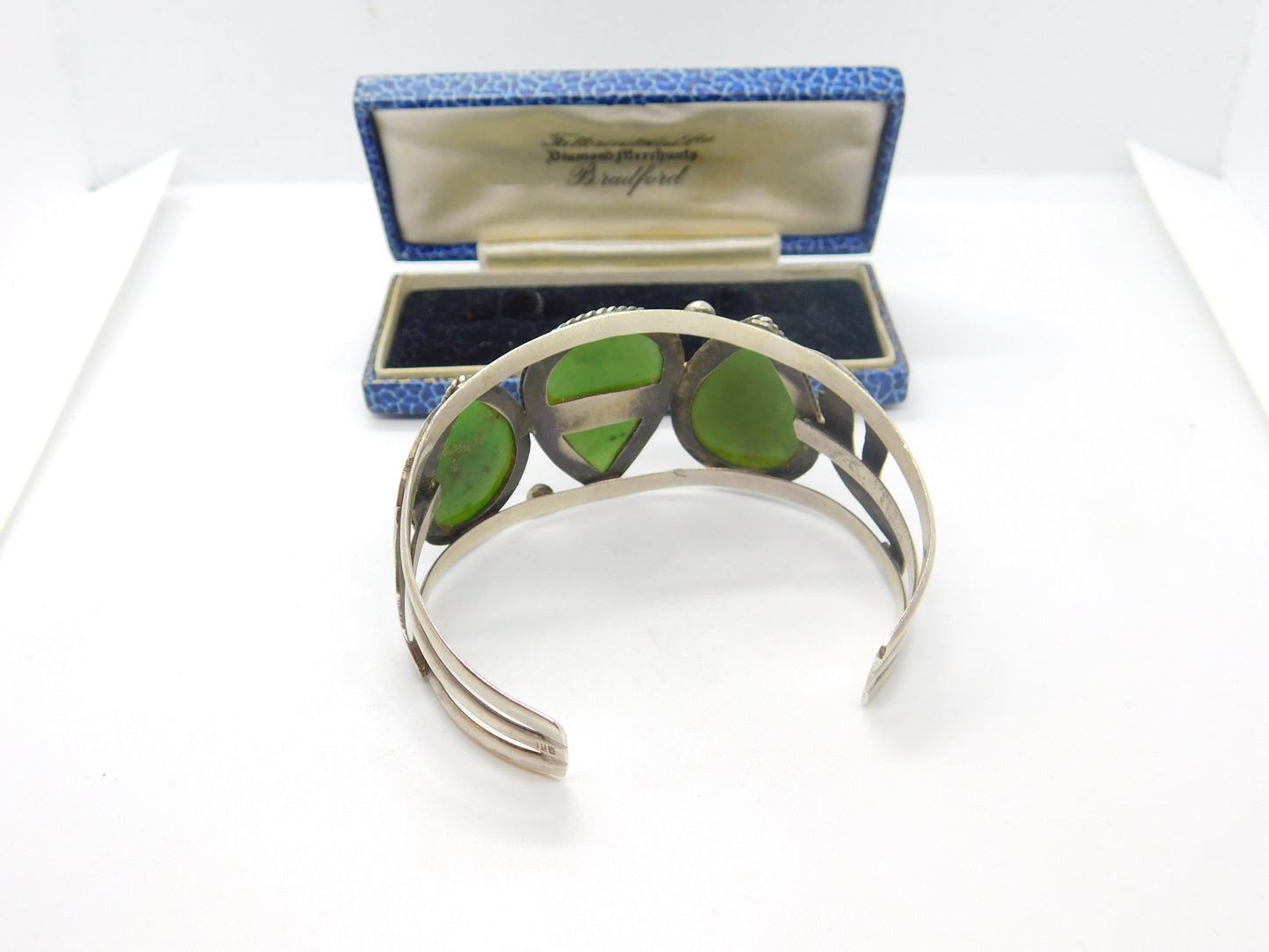 Sterling Silver & Large Nephrite Jade Panel Bangle Bracelet Antique c1920