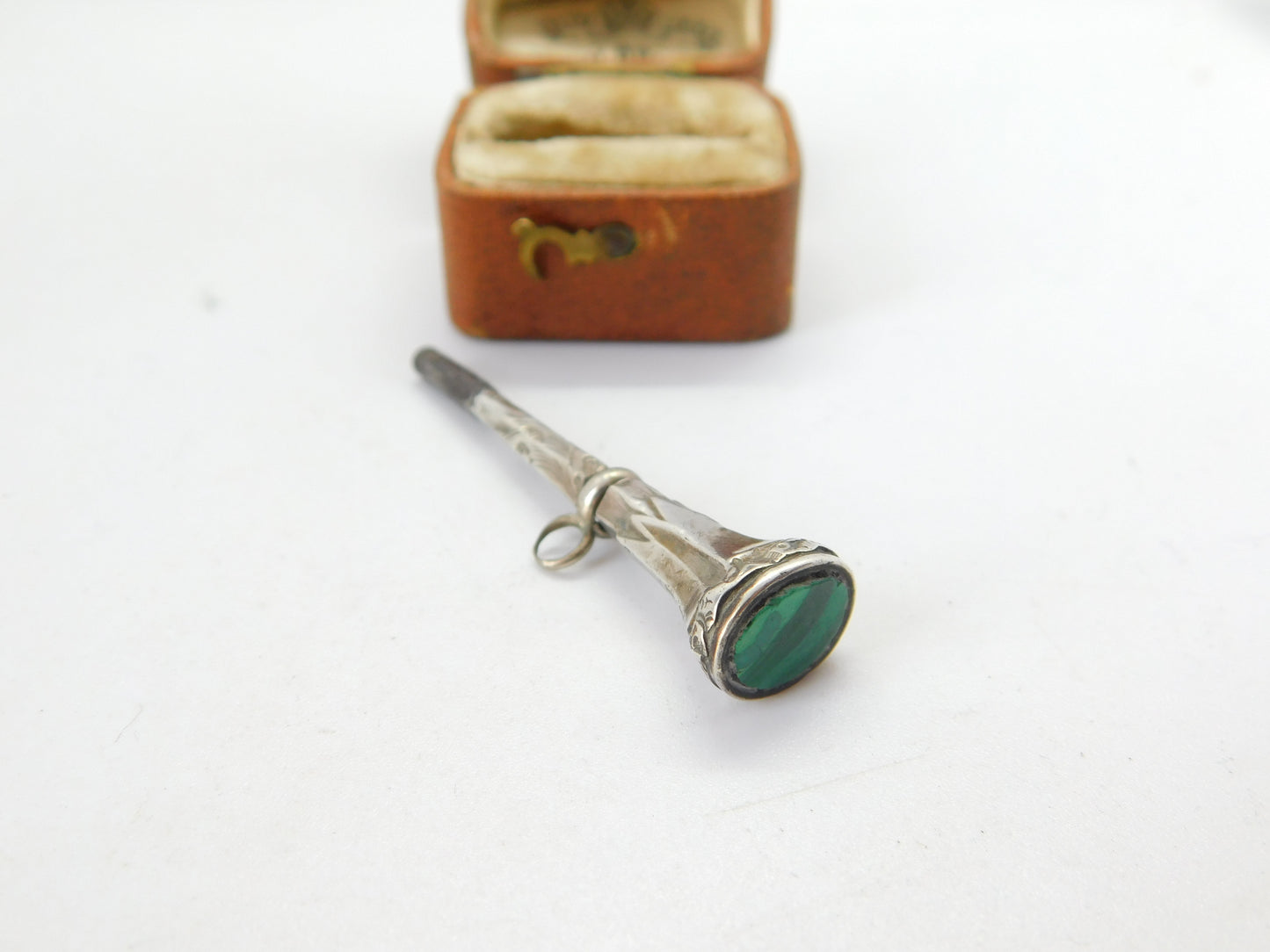 Victorian Sterling Silver Malachite Set Watch Key Fob Pendant c1890 Antique