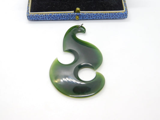 New Zealand Maori Nephrite Jade Koru Fish Hook Large Pendant Antique c1930 Deco