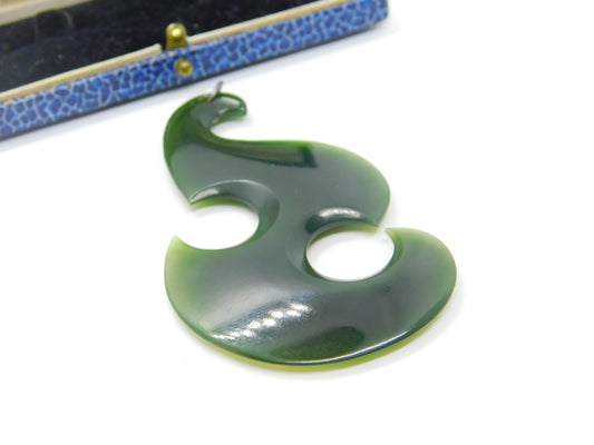 New Zealand Maori Nephrite Jade Koru Fish Hook Large Pendant Antique c1930 Deco