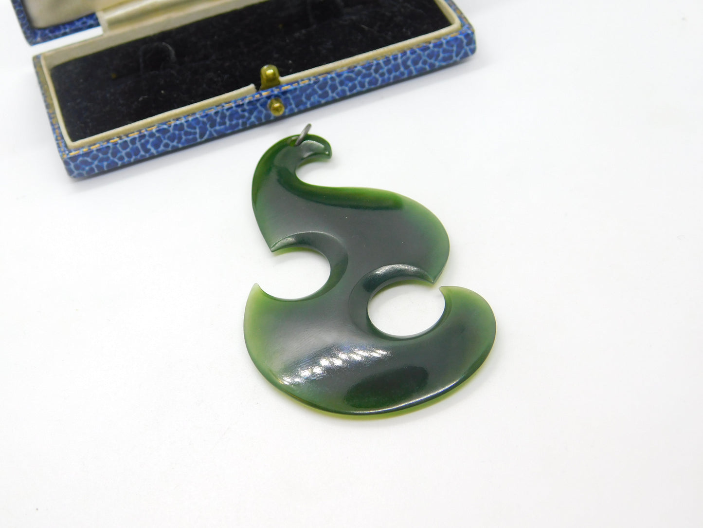 New Zealand Maori Nephrite Jade Koru Fish Hook Large Pendant Antique c1930 Deco