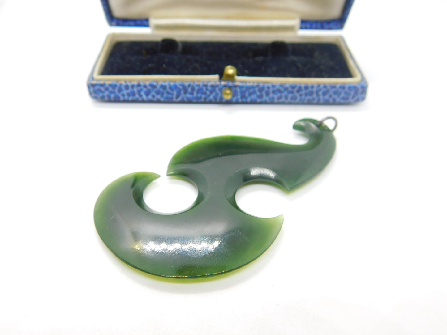 New Zealand Maori Nephrite Jade Koru Fish Hook Large Pendant Antique c1930 Deco