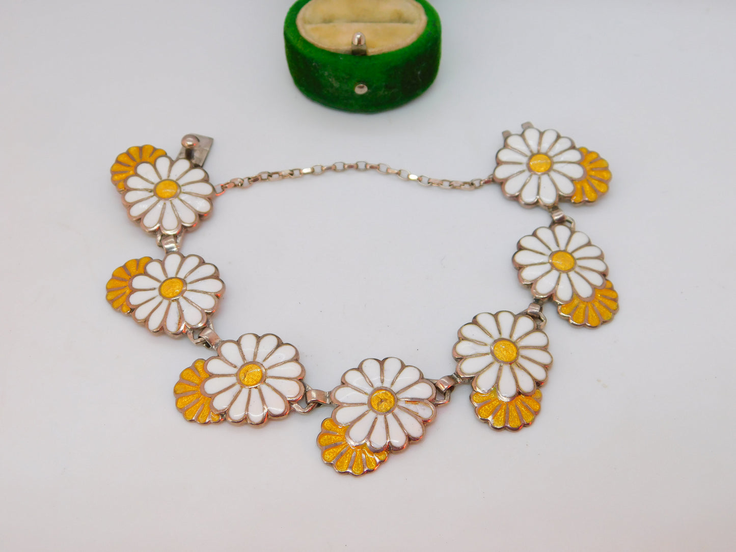 Margot De Taxco Sterling Silver Daisy Flower Enamel Bracelet Vintage c1960