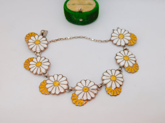 Margot De Taxco Sterling Silver Daisy Flower Enamel Bracelet Vintage c1960