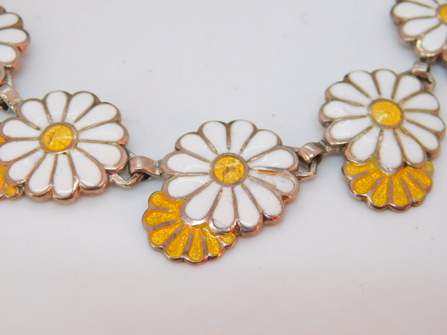 Margot De Taxco Sterling Silver Daisy Flower Enamel Bracelet Vintage c1960