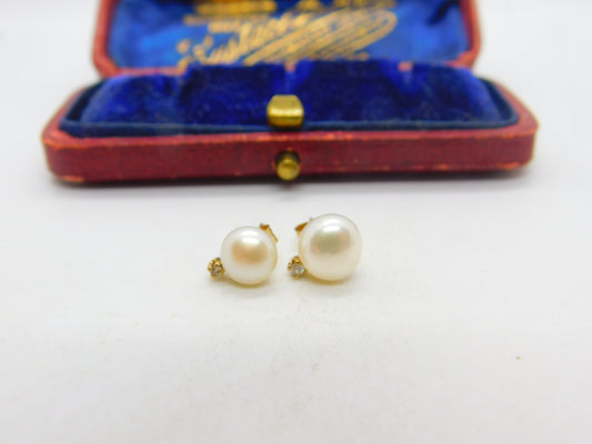 9ct Yellow Gold, Pearl & Diamond Set Stud Earrings Vintage c1970