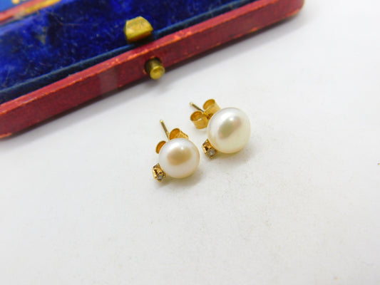 9ct Yellow Gold, Pearl & Diamond Set Stud Earrings Vintage c1970