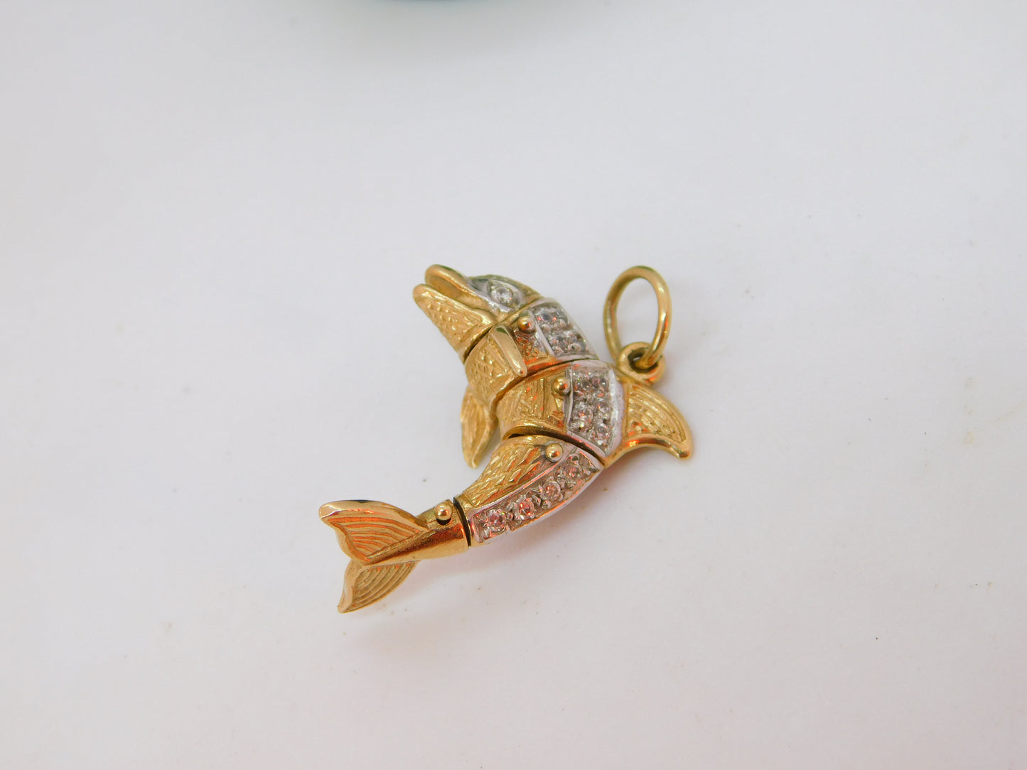 9ct Yellow Gold Spinel Set Articulated Dolphin Pendant Vintage 1981 Birmingham