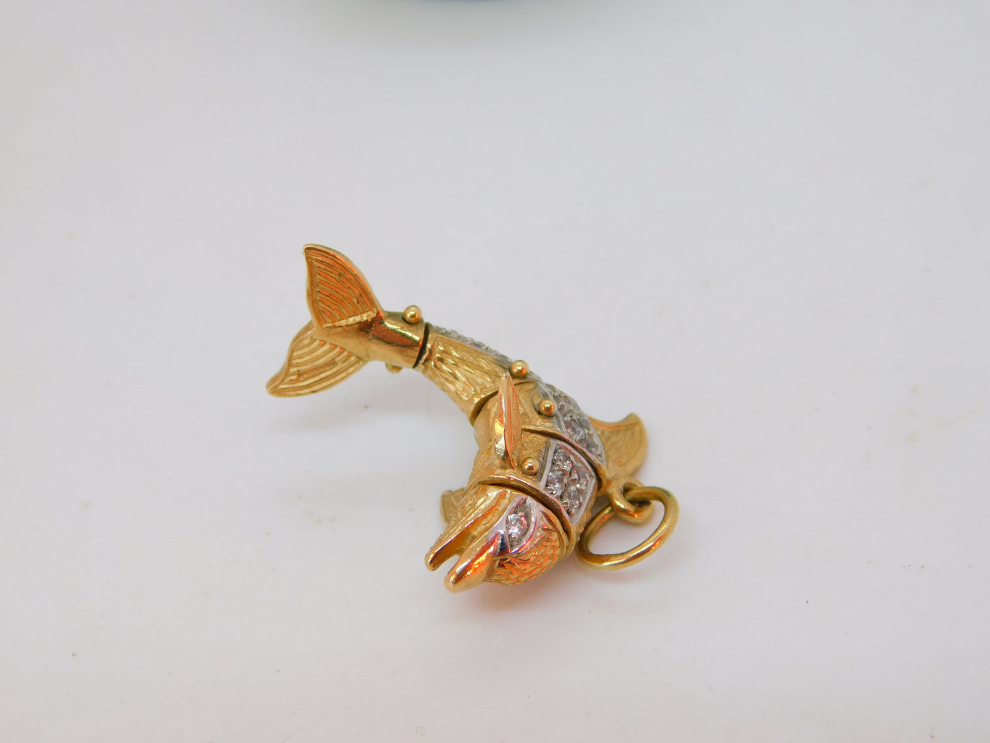 9ct Yellow Gold Spinel Set Articulated Dolphin Pendant Vintage 1981 Birmingham