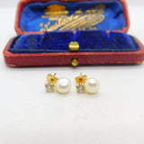 9ct Yellow Gold, Pearl & Diamond Paste Stud Earrings Vintage c1970