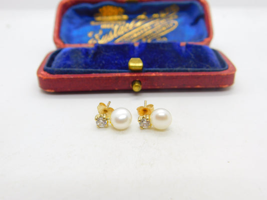 9ct Yellow Gold, Pearl & Diamond Paste Stud Earrings Vintage c1970