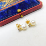 9ct Yellow Gold, Pearl & Diamond Paste Stud Earrings Vintage c1970
