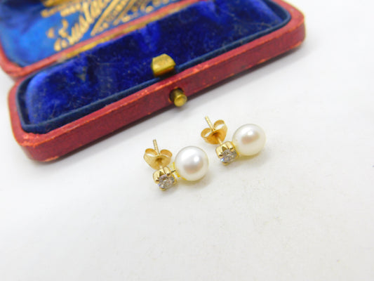 9ct Yellow Gold, Pearl & Diamond Paste Stud Earrings Vintage c1970