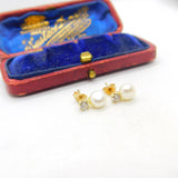 9ct Yellow Gold, Pearl & Diamond Paste Stud Earrings Vintage c1970