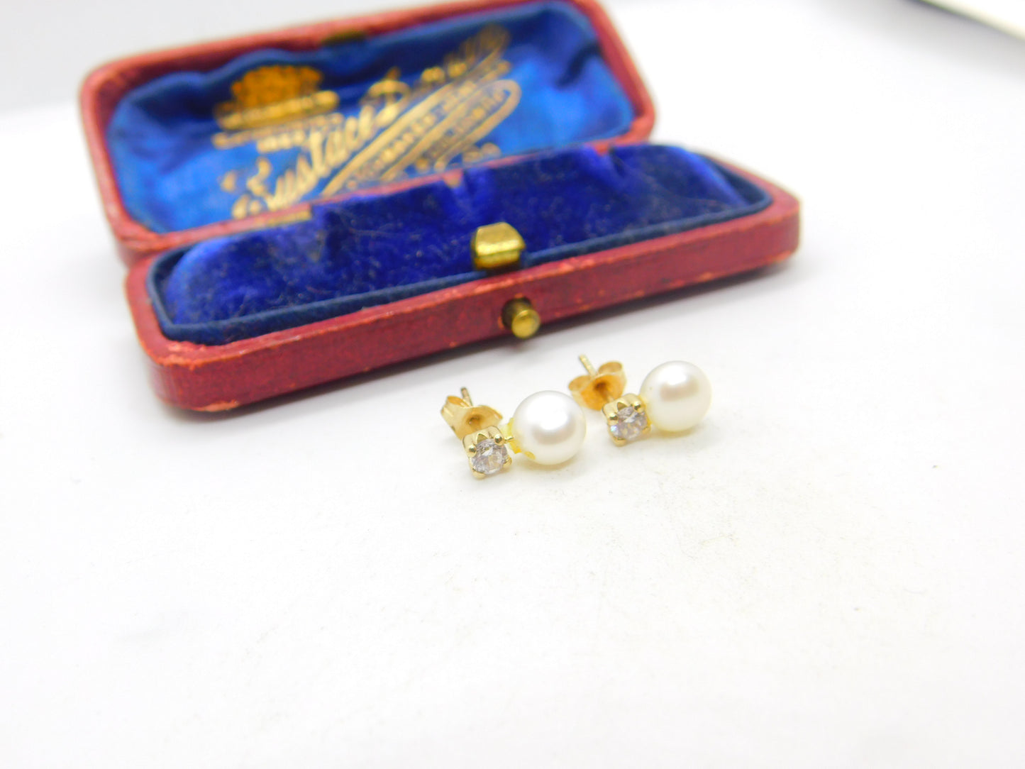 9ct Yellow Gold, Pearl & Diamond Paste Stud Earrings Vintage c1970