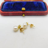 9ct Yellow Gold, Pearl & Diamond Paste Stud Earrings Vintage c1970