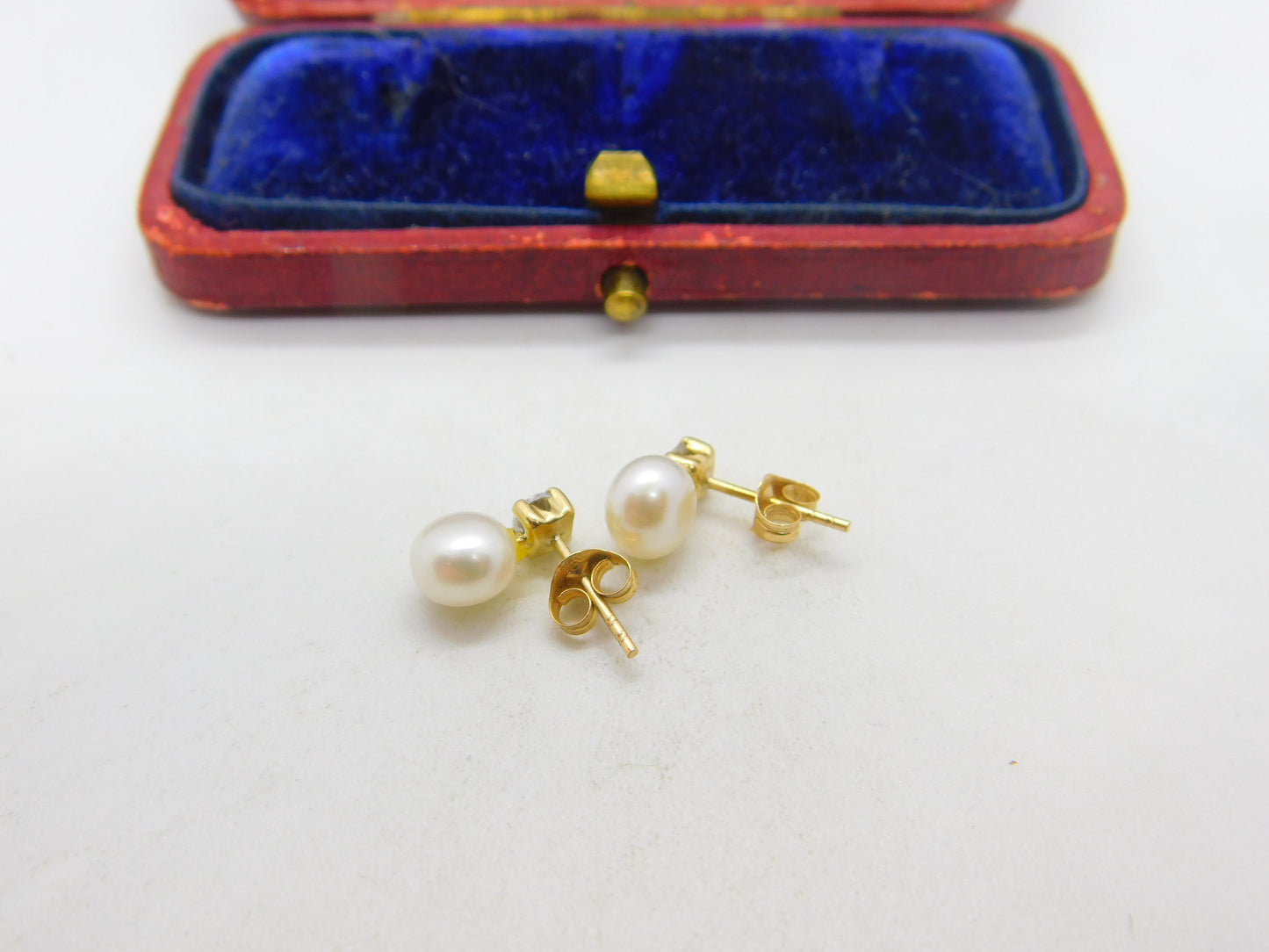 9ct Yellow Gold, Pearl & Diamond Paste Stud Earrings Vintage c1970