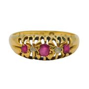Victorian 18ct Yellow Gold, Ruby & Diamond Boat Ring Antique 1871 Birmingham
