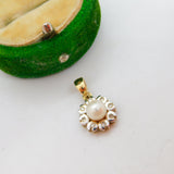 18ct Yellow Gold, Pearl & Diamond Set Floral Drop Pendant Vintage c1980