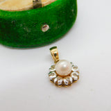 18ct Yellow Gold, Pearl & Diamond Set Floral Drop Pendant Vintage c1980