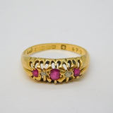 Victorian 18ct Yellow Gold, Ruby & Diamond Boat Ring Antique 1871 Birmingham