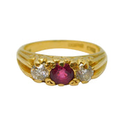 18ct Yellow Gold, Ruby & 0.3ct Brilliant Cut Diamond Boat Ring Vintage London