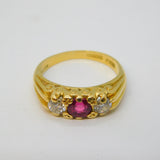 18ct Yellow Gold, Ruby & 0.3ct Brilliant Cut Diamond Boat Ring Vintage London