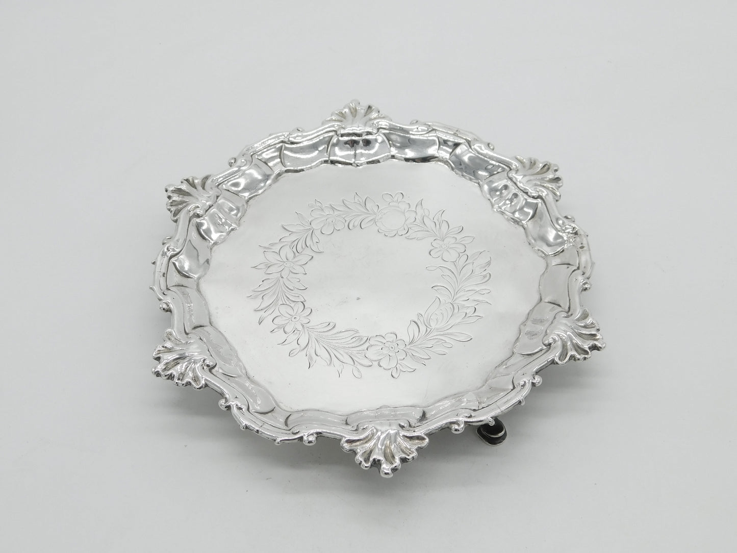 King George II Sterling Silver Floral Pattern Salver Dish London 1749 Antique