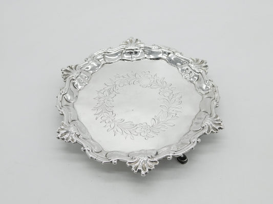 King George II Sterling Silver Floral Pattern Salver Dish London 1749 Antique