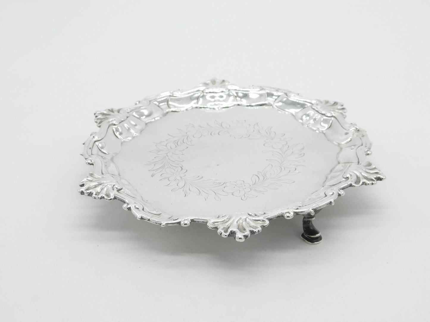 King George II Sterling Silver Floral Pattern Salver Dish London 1749 Antique