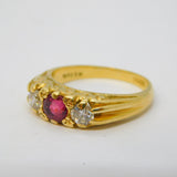 18ct Yellow Gold, Ruby & 0.3ct Brilliant Cut Diamond Boat Ring Vintage London