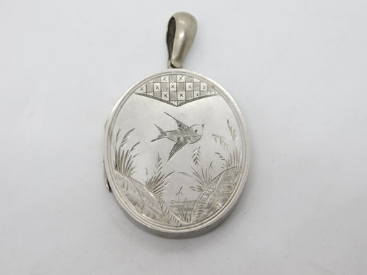 Aesthetic Victorian Sterling Silver Swallow Sweetheart Locket c1880 Antique