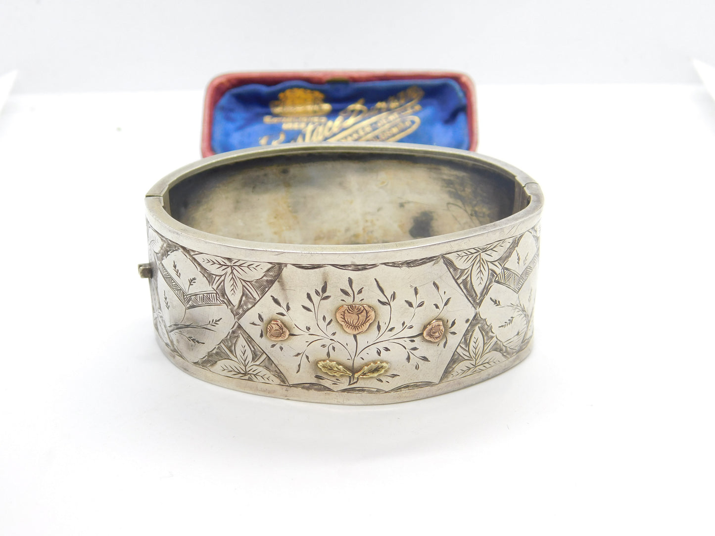 Victorian Sterling Silver & Two-Tone Gold Floral Cuff Bangle Bracelet Antique