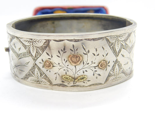Victorian Sterling Silver & Two-Tone Gold Floral Cuff Bangle Bracelet Antique