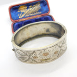 Victorian Sterling Silver & Two-Tone Gold Floral Cuff Bangle Bracelet Antique