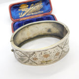 Victorian Sterling Silver & Two-Tone Gold Floral Cuff Bangle Bracelet Antique