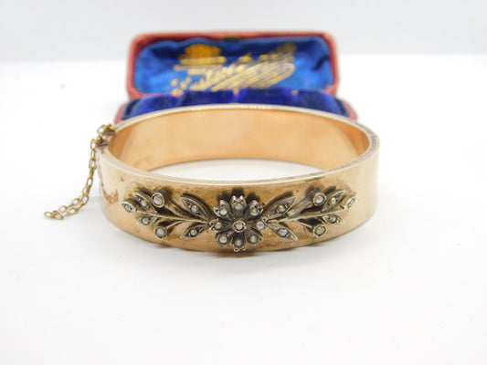 Victorian Sterling Silver Gilt & Floral Seed Pearl Set Bangle Bracelet c1860 AF