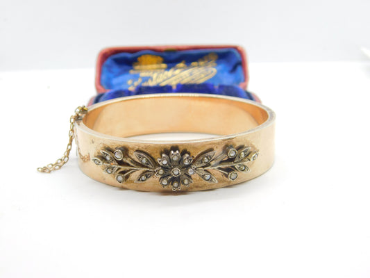 Victorian Sterling Silver Gilt & Floral Seed Pearl Set Bangle Bracelet c1860 AF