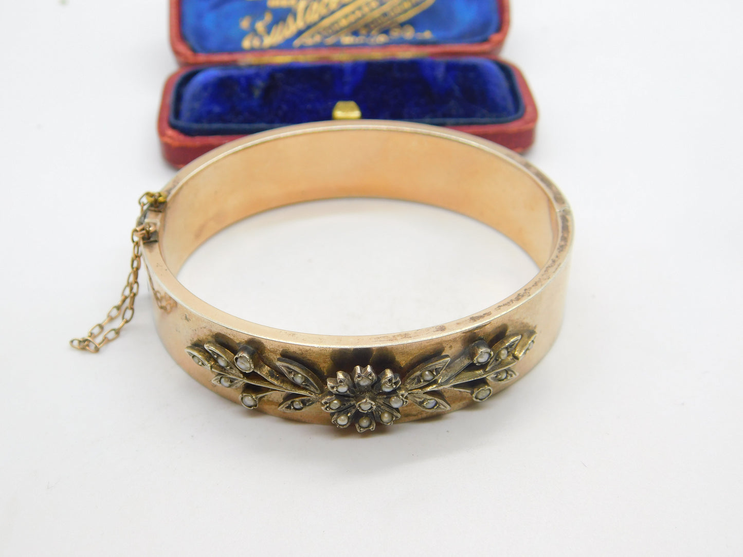 Victorian Sterling Silver Gilt & Floral Seed Pearl Set Bangle Bracelet c1860 AF