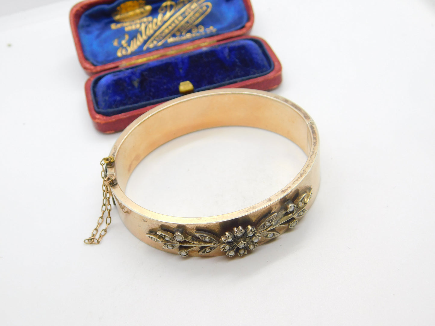 Victorian Sterling Silver Gilt & Floral Seed Pearl Set Bangle Bracelet c1860 AF