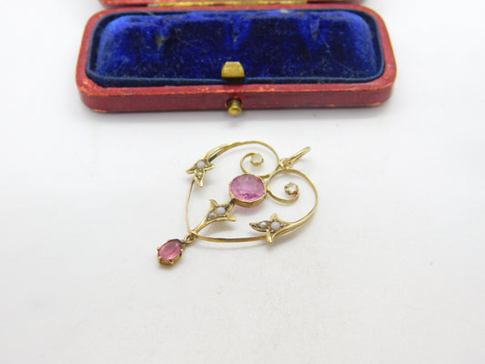 Edwardian 9ct Gold, Pink Topaz & Diamond Paste Lavalier Drop Pendant c1910