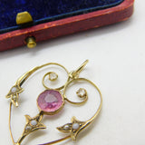 Edwardian 9ct Gold, Pink Topaz & Diamond Paste Lavalier Drop Pendant c1910