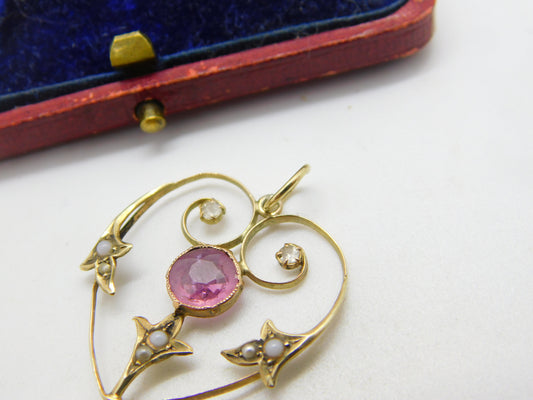 Edwardian 9ct Gold, Pink Topaz & Diamond Paste Lavalier Drop Pendant c1910