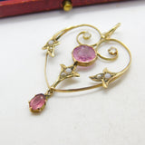 Edwardian 9ct Gold, Pink Topaz & Diamond Paste Lavalier Drop Pendant c1910