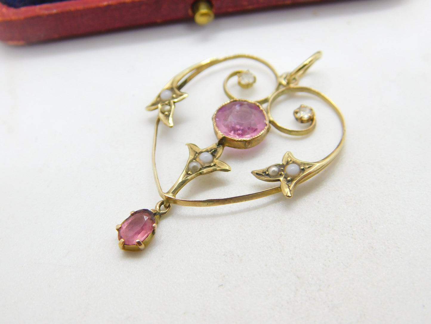 Edwardian 9ct Gold, Pink Topaz & Diamond Paste Lavalier Drop Pendant c1910