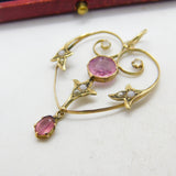 Edwardian 9ct Gold, Pink Topaz & Diamond Paste Lavalier Drop Pendant c1910